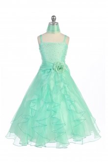 Mint Jeweled Bodice Ruffle Layered Organza Flower Girl Dress
